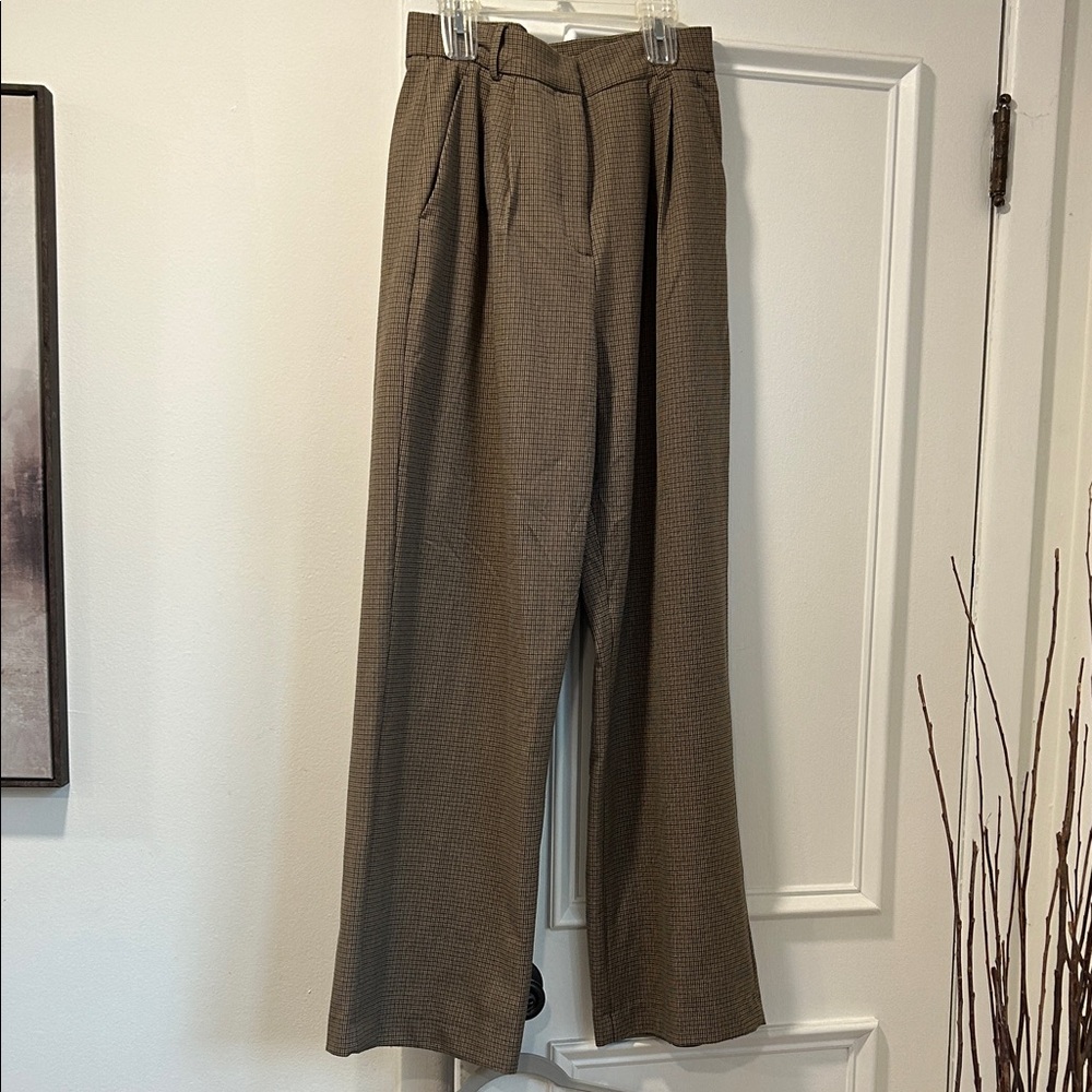 Abercrombie & Fitch Brown Checked Pleated Wide-Leg Trousers